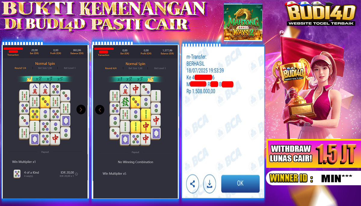 BUDI4D JACKPOT USERID: MIN**** SLOT PGSOFT MAHJONG WAYS 2 Rp.1.500.000,- LUNAS